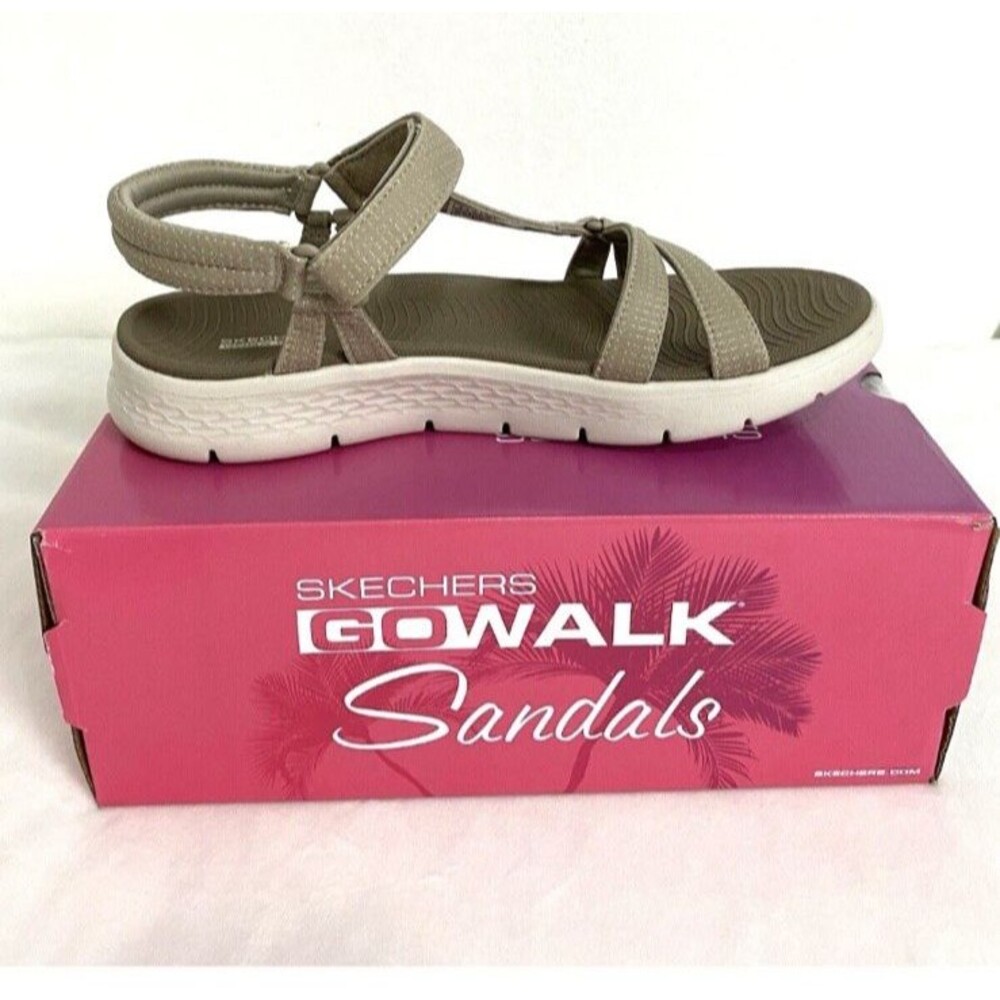 SKECHERS GO WALK Flex Sandals Women Size 10 Taupe Slip On Comfort Cushioning